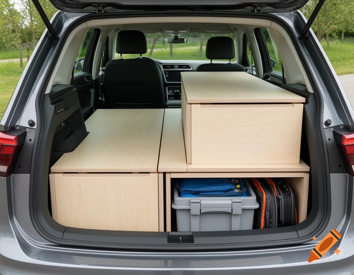 View from the open tailgate of a grey VW Tiguan SUV showing a self-built, two-part wooden camping box with storage and sleeping surfaces.