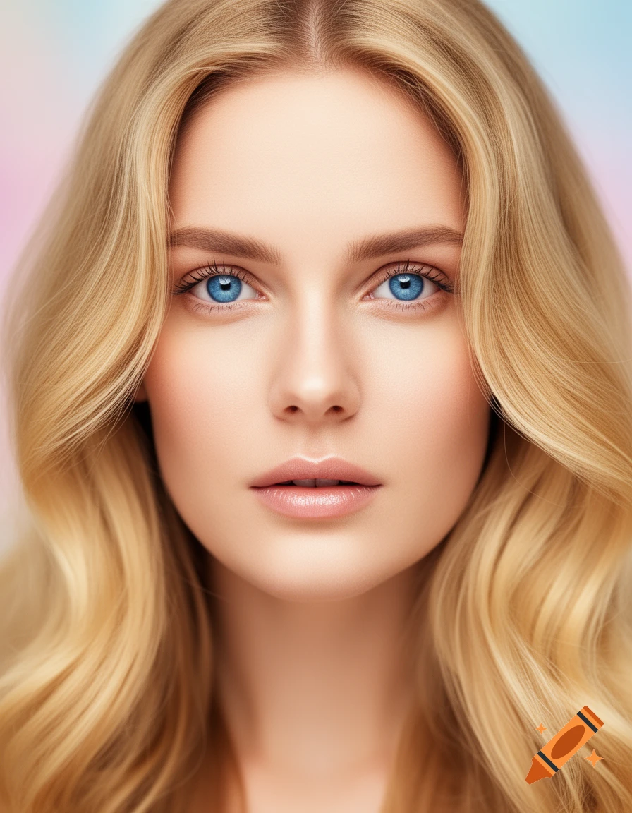 Close-up photorealistic portrait of a woman with long wavy blonde hair and striking blue eyes.