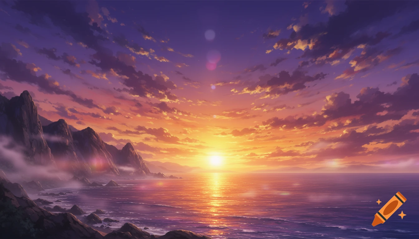 Anime-style illustration of a stunning sunset over a rocky coastline, with vibrant orange and purple clouds reflecting on the ocean.