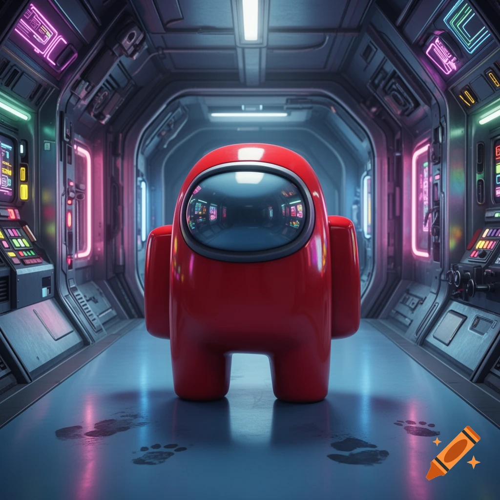 A red Among Us character stands in a neon-lit spaceship corridor with footprints on the floor.