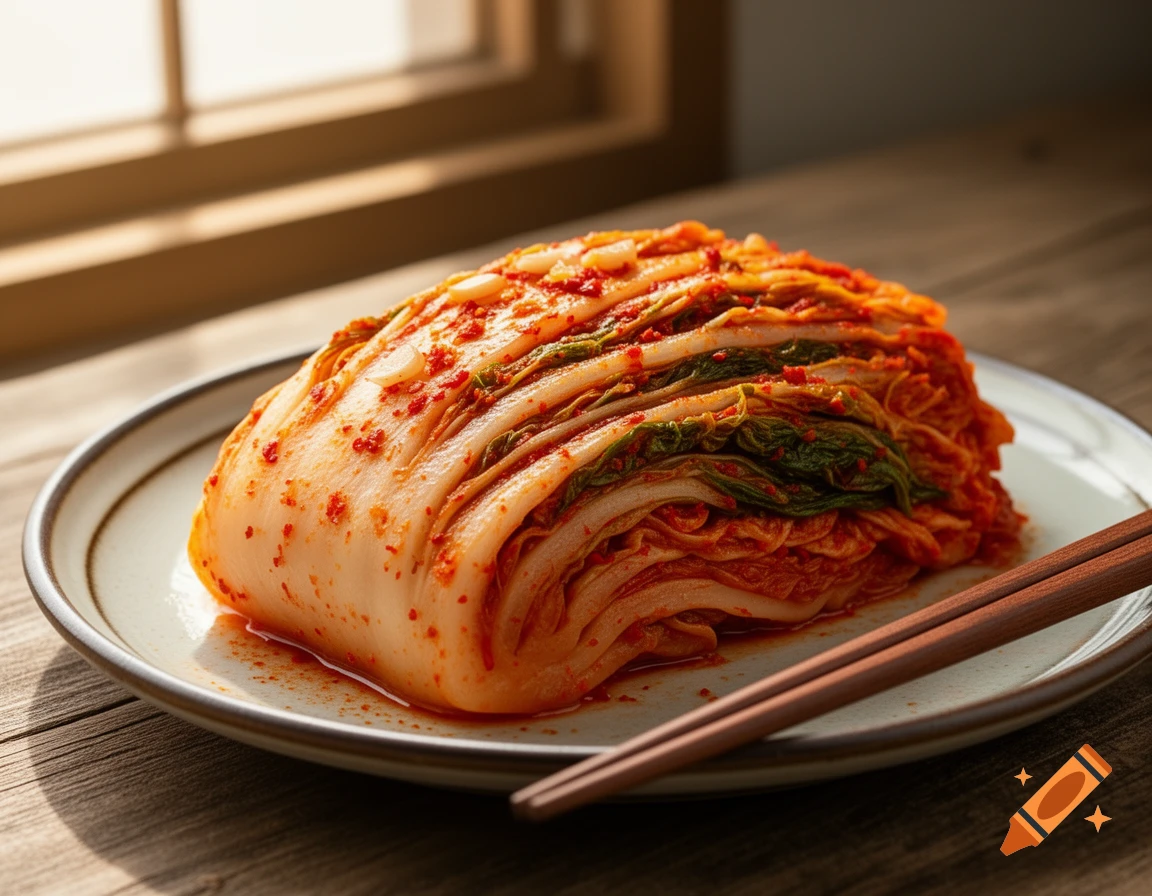 A close-up, photorealistic image of a large portion of red kimchi on a white plate with chopsticks on a wooden table.