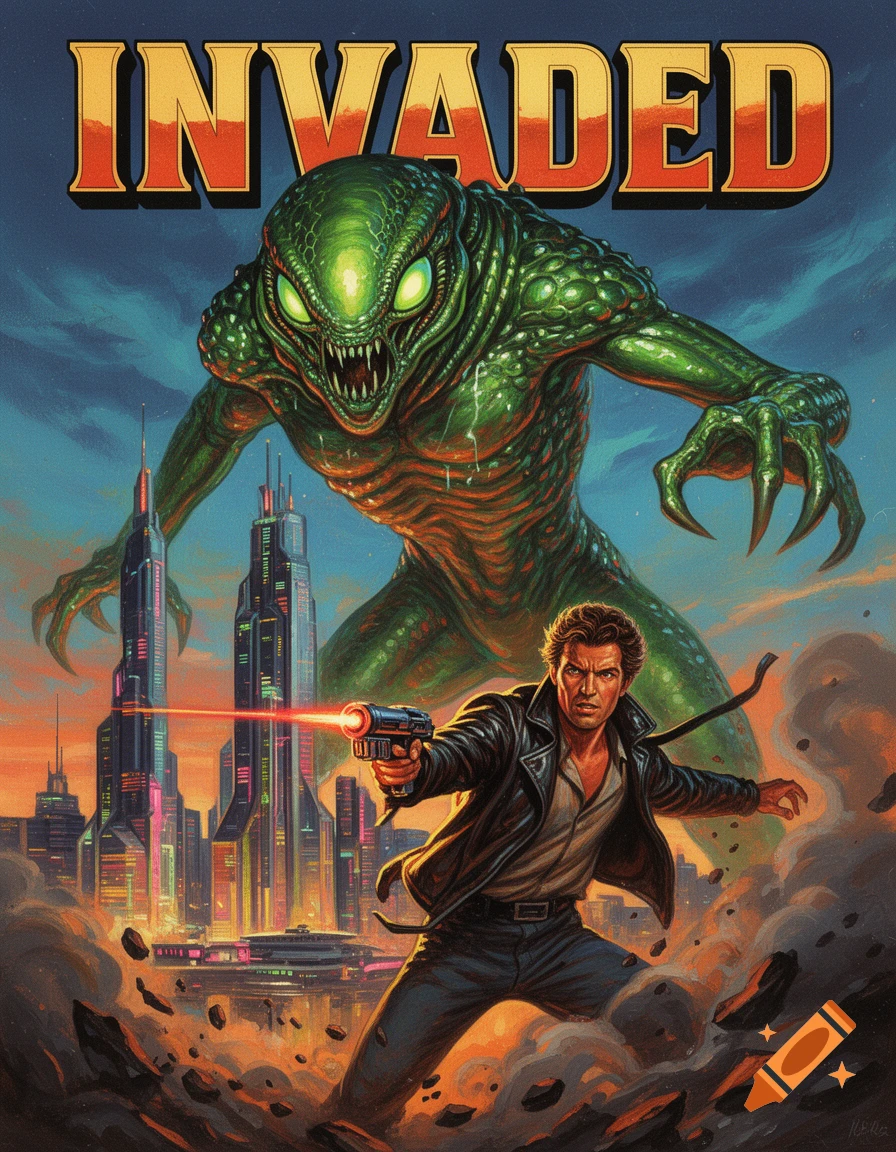 80s movie poster art shows a man shooting a laser gun at a giant green alien monster over a futuristic city with debris, titled 'INVADED'.