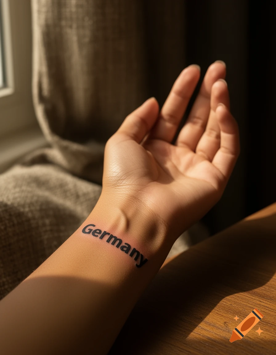 Close-up of a person's forearm with a black 'Germany' tattoo, illuminated by sunlight.