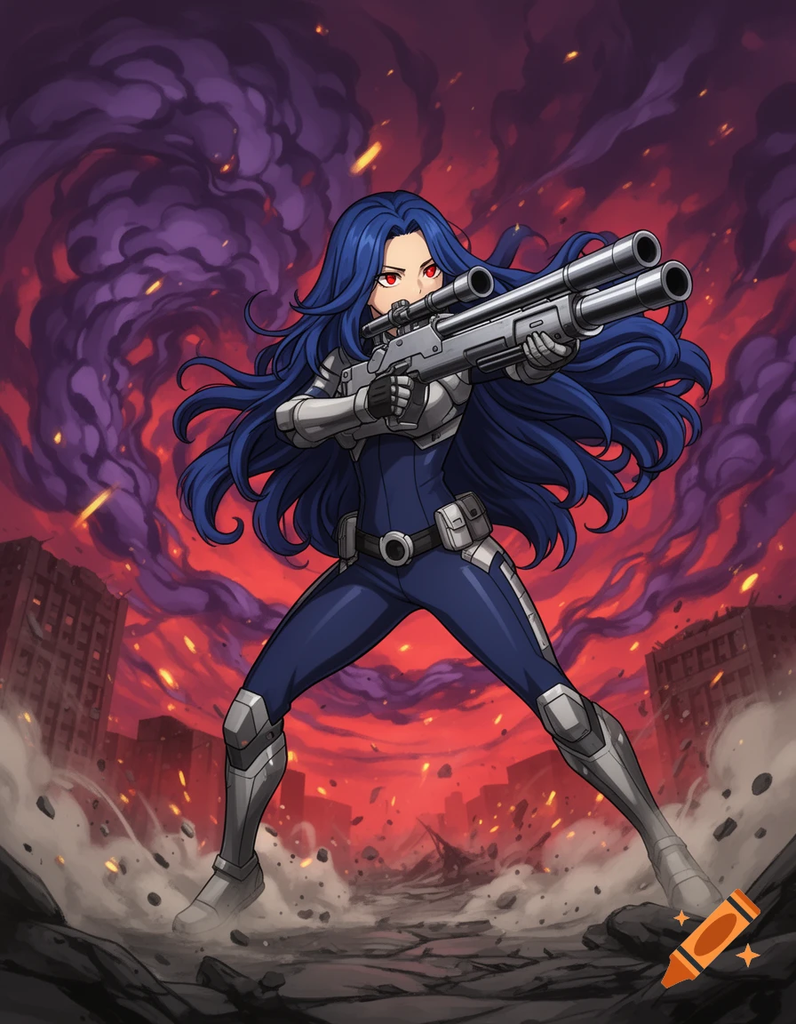 An anime-style character with long blue hair and red eyes, wearing a blue and silver combat suit, kneels and aims a large rifle in a destroyed city with a red and purple sky.