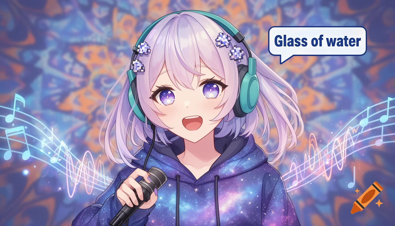 Anime girl with purple hair and headphones sings into a microphone, a speech bubble says 'Glass of water'.