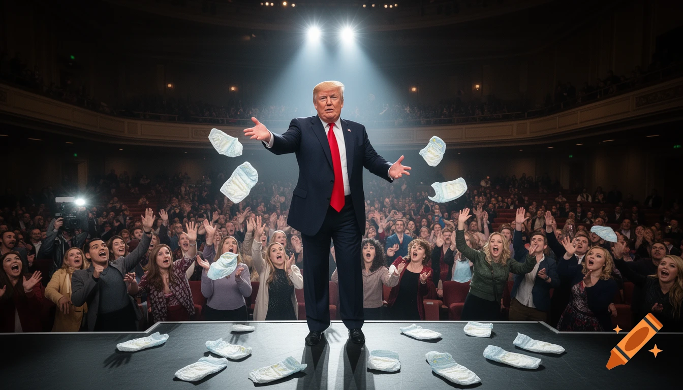 Photorealistic image of Donald Trump on a stage, throwing diapers at an excited audience.