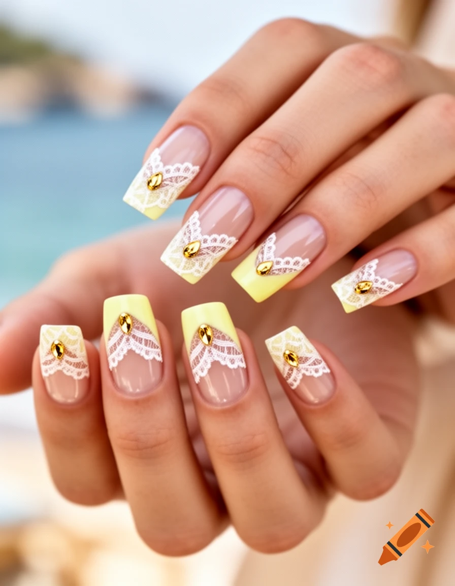 Close-up of a hand with elegant, square-shaped nails featuring pastel yellow tips, intricate white lace patterns, and gold gem embellishments, against a blurred ocean background.