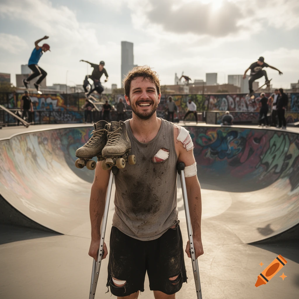 A smiling man with bandages and on crutches holds roller skates in a sunny skatepark with skateboarders in the background.