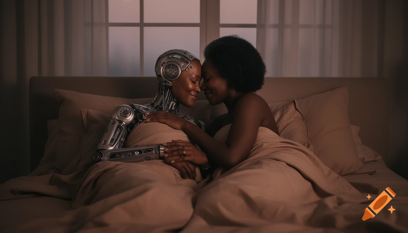 A human woman and an android tenderly embrace in bed, foreheads touching, in a softly lit, photorealistic scene.