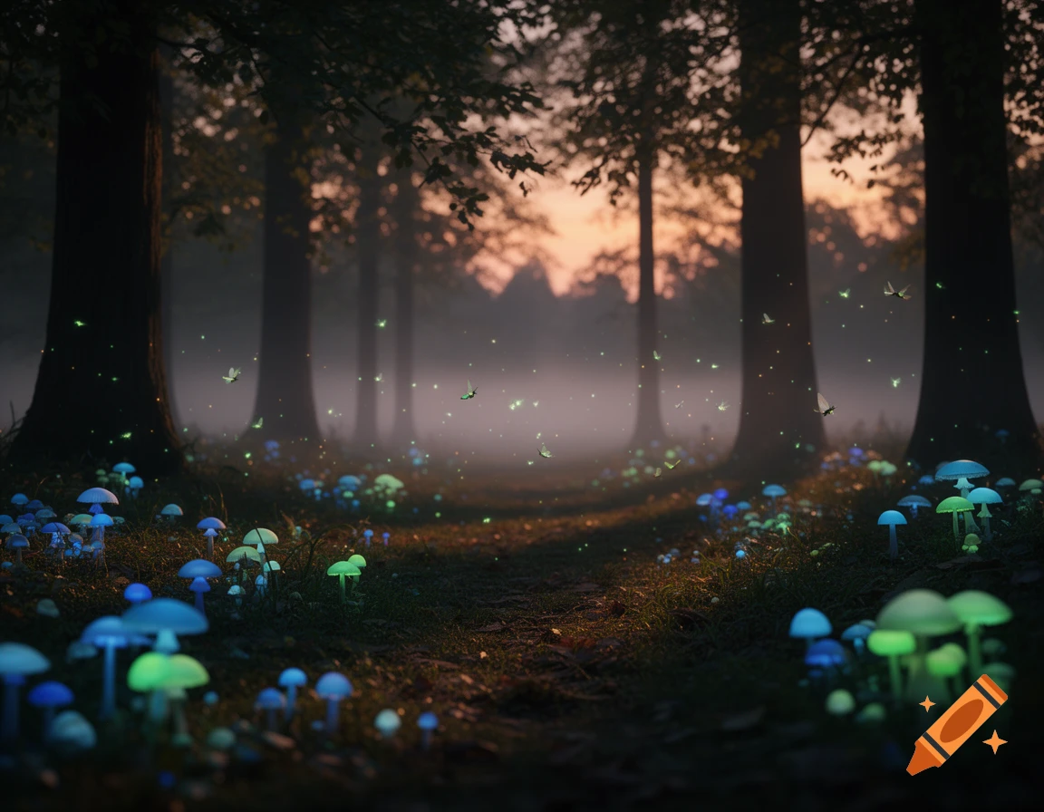 Magical forest path at twilight with glowing blue and green mushrooms, fireflies, and tall trees shrouded in mist.