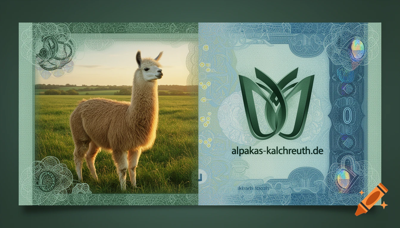 A two-panel banknote design: left shows a fluffy alpaca in a sunny green field, right features a green logo and text.