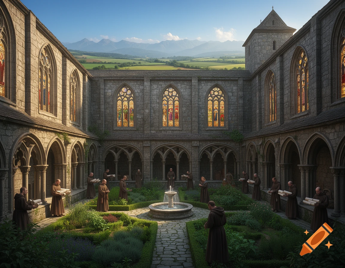 Photorealistic image of a sunlit medieval monastery courtyard with monks, a garden, fountain, and mountains in the background.