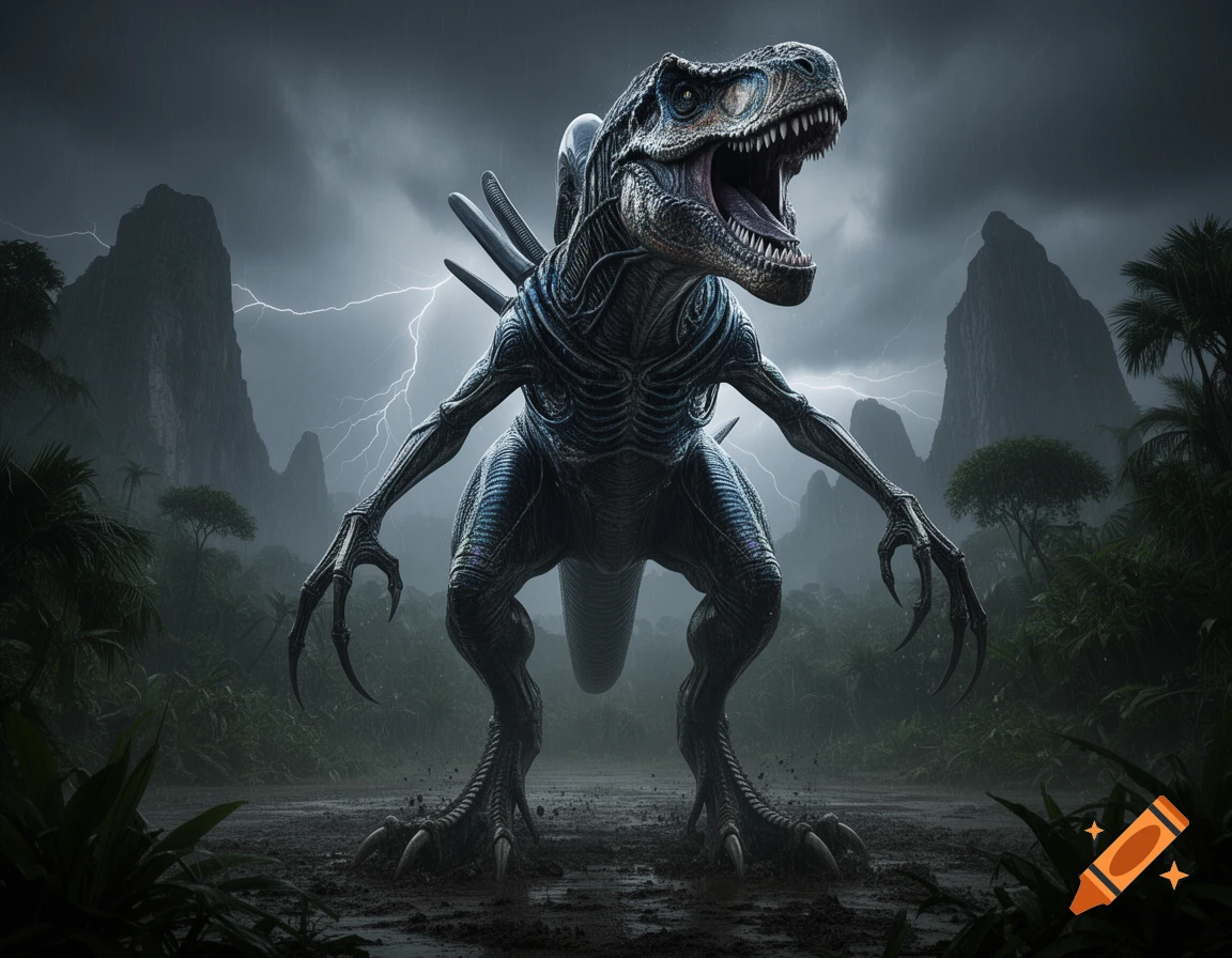 A menacing Xenomorph-T-Rex hybrid roars on its hind legs in a stormy jungle landscape with lightning.