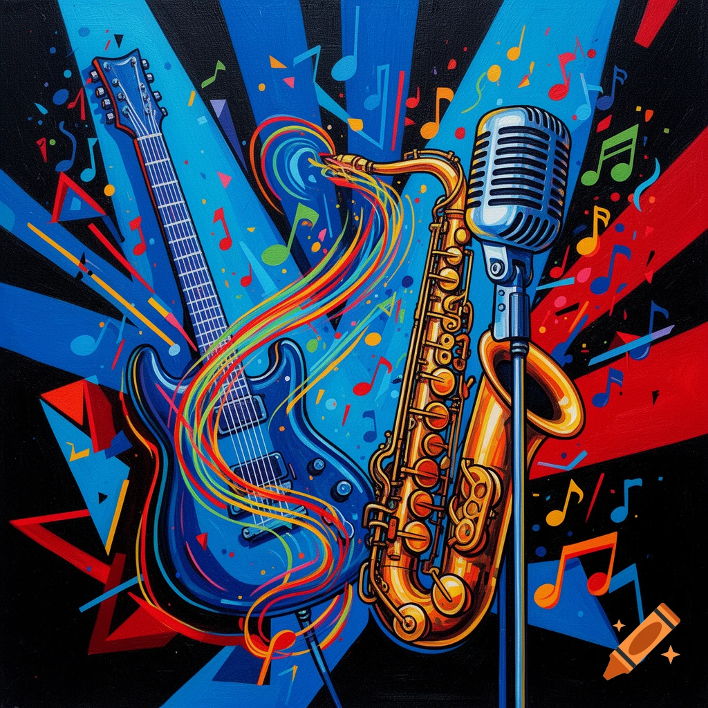 Vibrant pop art illustration of an electric guitar, saxophone, and vintage microphone amidst colorful musical notes and abstract shapes.