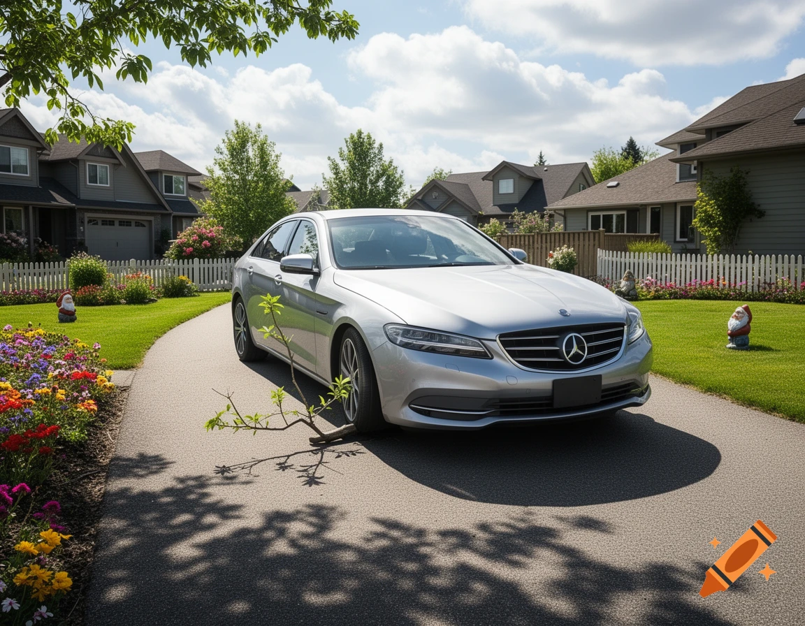 A silver car on a driveway, partially blocked by a tiny fallen branch, in a suburban neighborhood with flowers and gnomes.