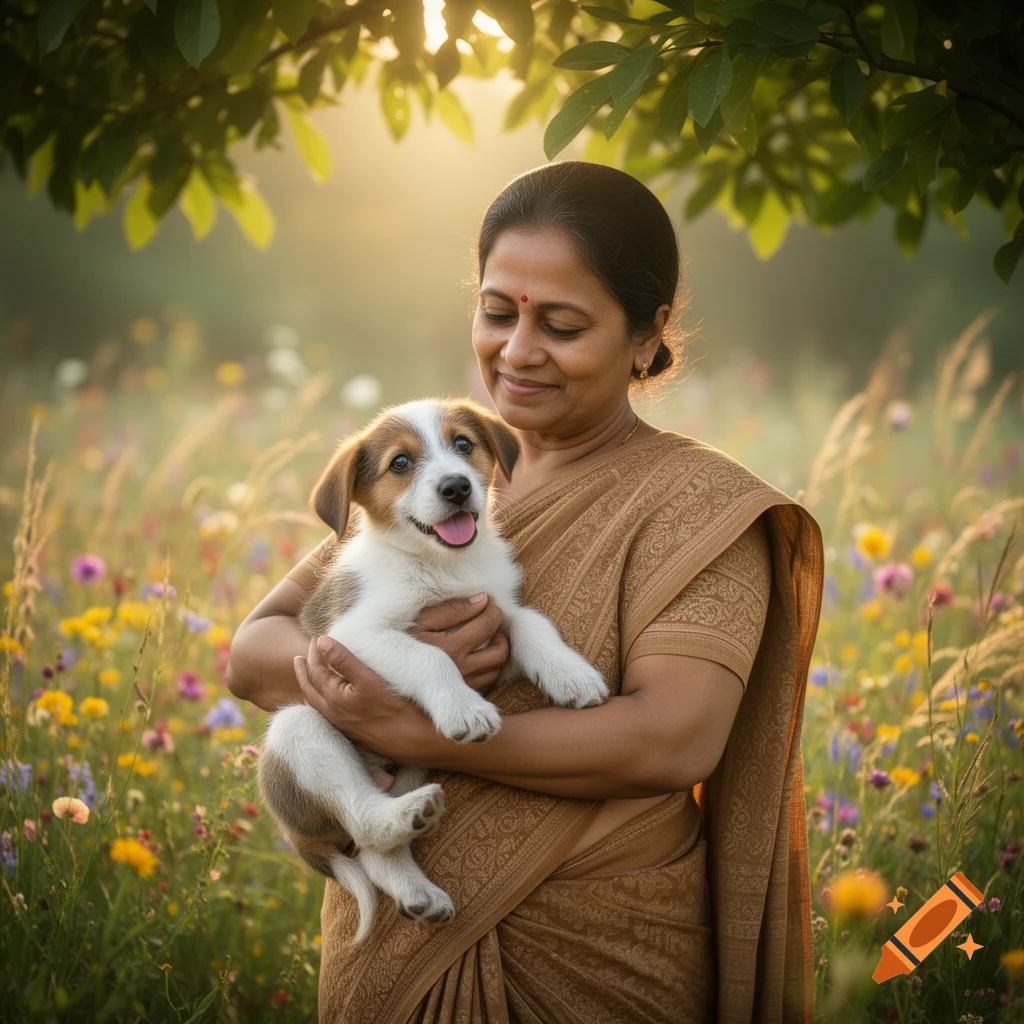 A woman in a brown saree smiles as she holds a happy puppy in a sunlit field of wildflowers.