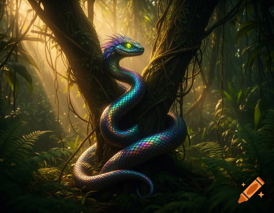 An iridescent, multi-colored snake with glowing green eyes coiled around a mossy tree trunk in a sun-drenched jungle.