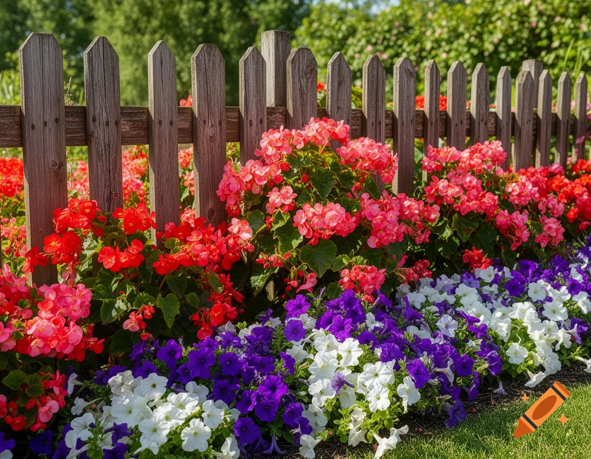 A rustic wooden picket fence in a sunny garden, with vibrant red and pink begonias, purple and white petunias in bloom.