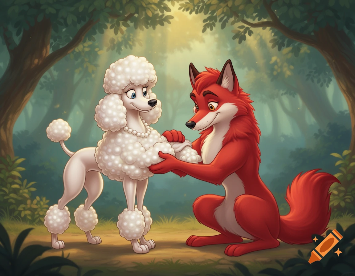 An animated white poodle wearing a pearl necklace holds paws with a red fox in a forest, in a Disney-like style.
