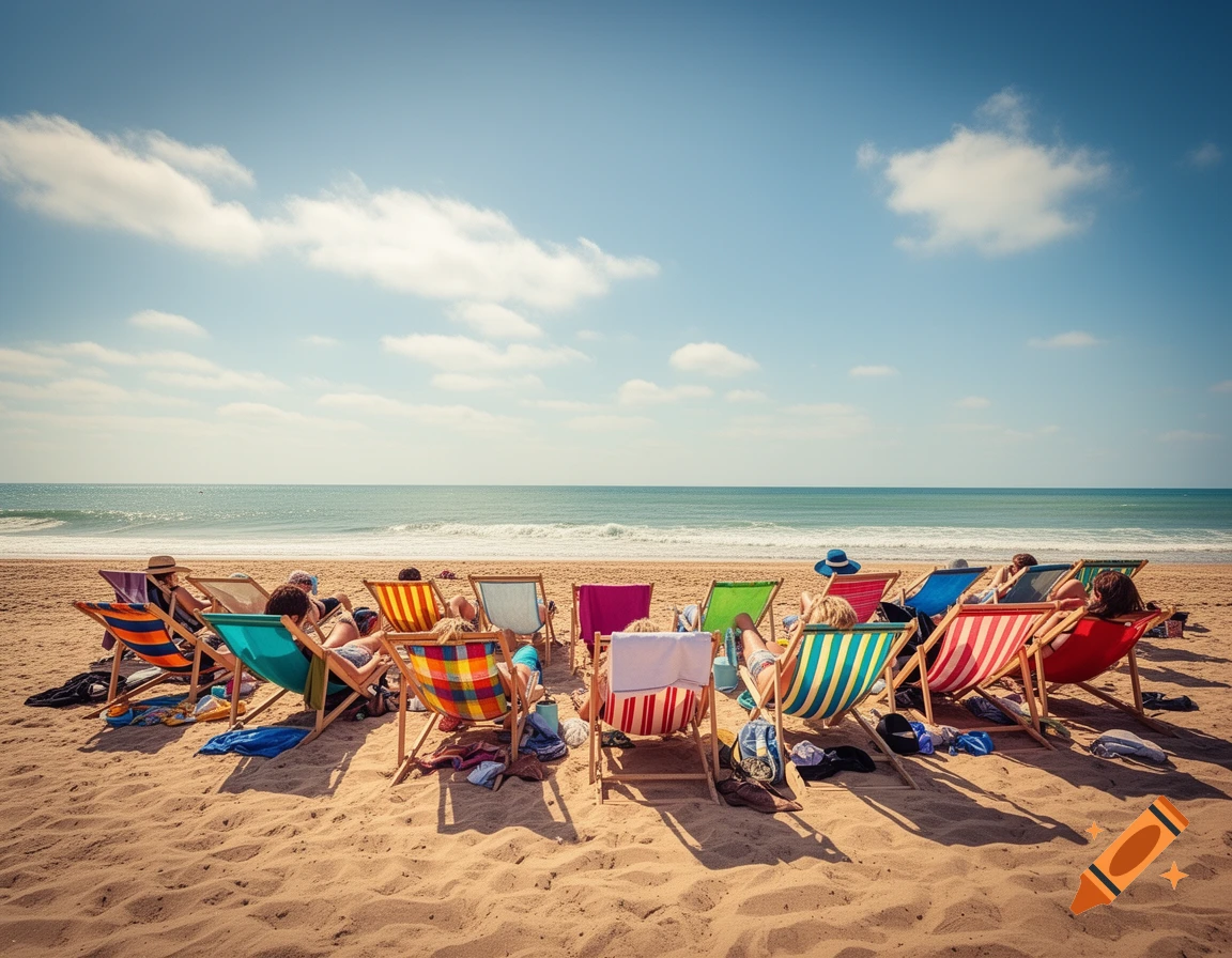People relax in colorful deckchairs on a sunny sandy beach with the ocean under a blue sky.