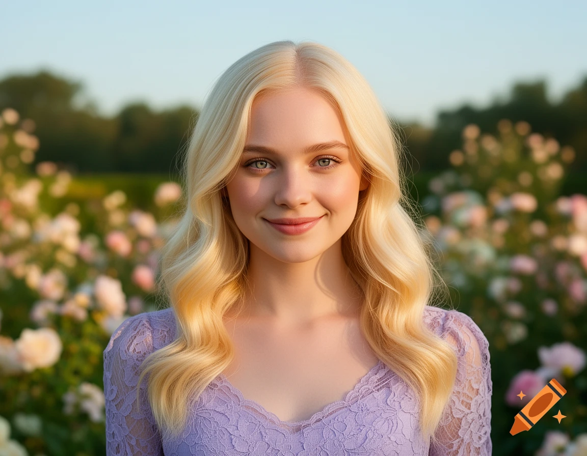 A smiling blonde woman with blue eyes wearing a lavender lace top, standing in a sunny field of pink and white roses.