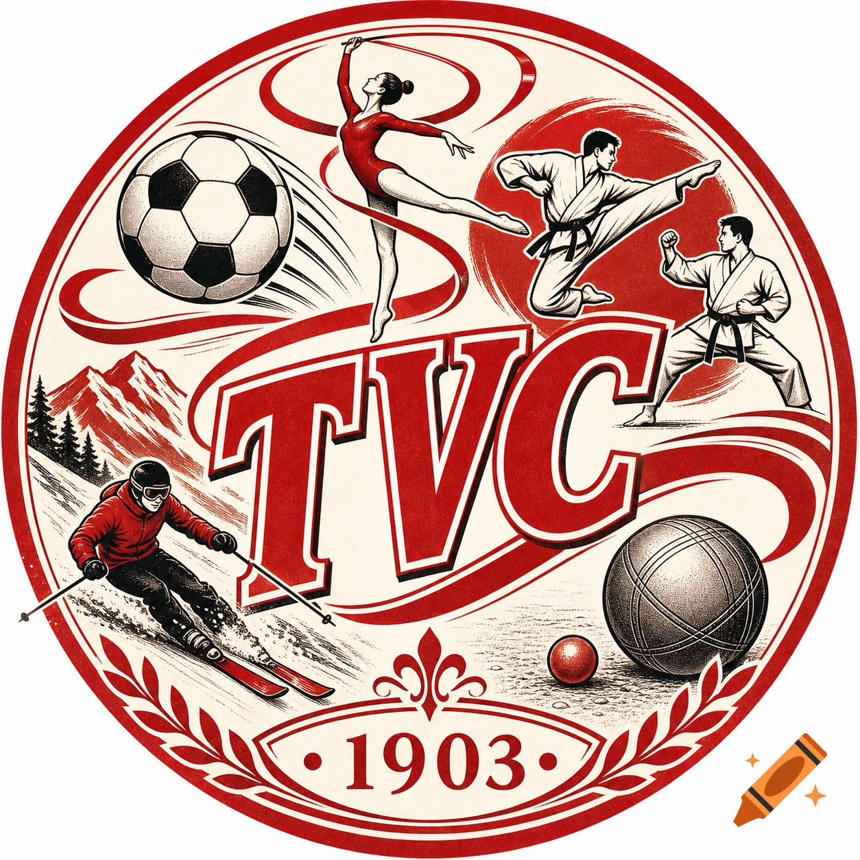 Vintage red and white circular sports logo with 'TVC' and '1903', showing a soccer ball, gymnast, karate, skier, and bocce.