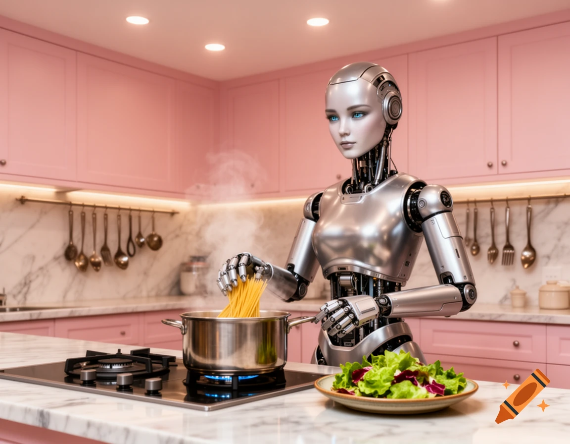 A photorealistic robot, shaped like a woman, cooks pasta on a gas stove in a pink kitchen with a side salad.
