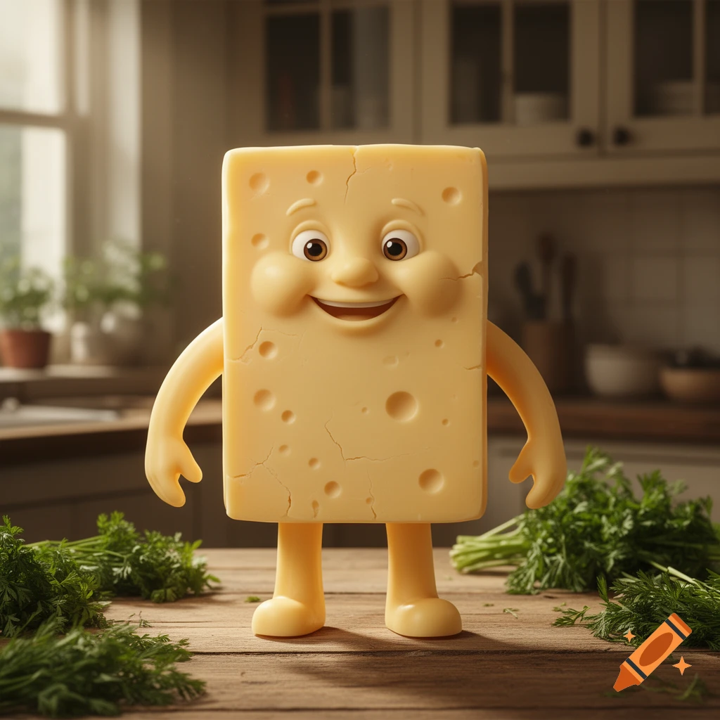 A smiling anthropomorphic block of Swiss cheese with arms and legs stands on a wooden kitchen counter next to fresh herbs.