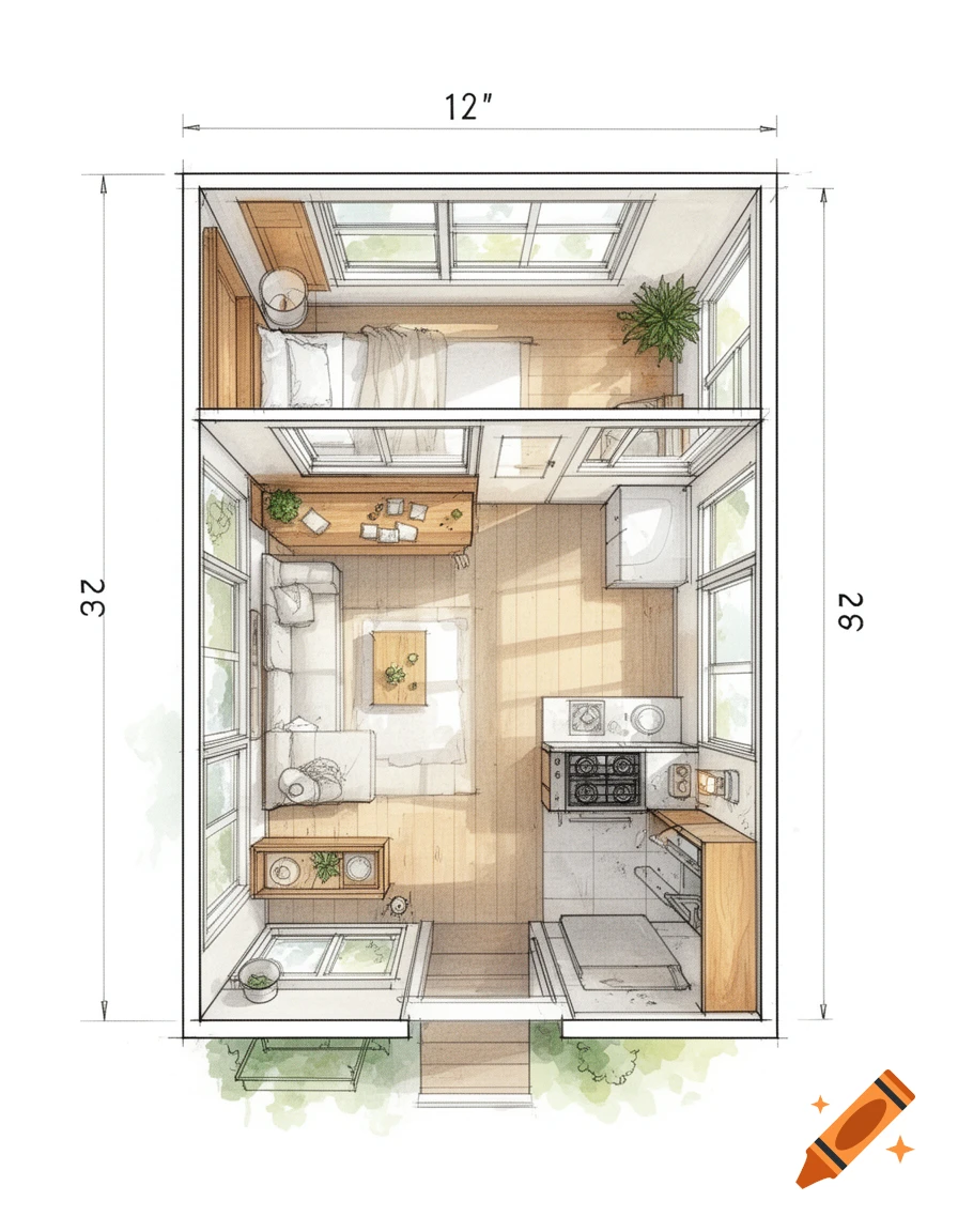 An overhead architectural rendering of a tiny house floor plan, showing a living area, kitchen, bathroom, and a lofted bedroom, with dimensions '12"' and '26"' indicated.
