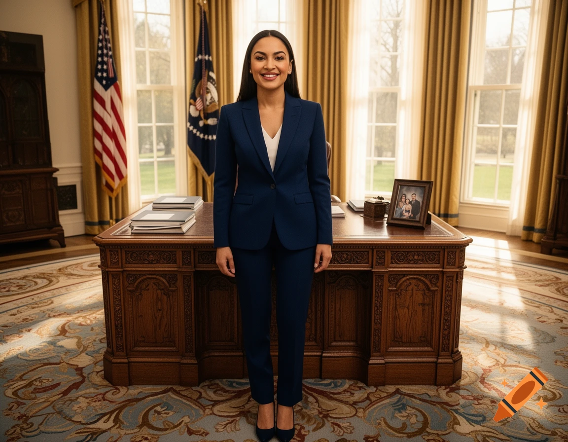 A smiling woman in a dark blue suit stands in the Oval Office, behind a large ornate wooden desk, with flags in the background.