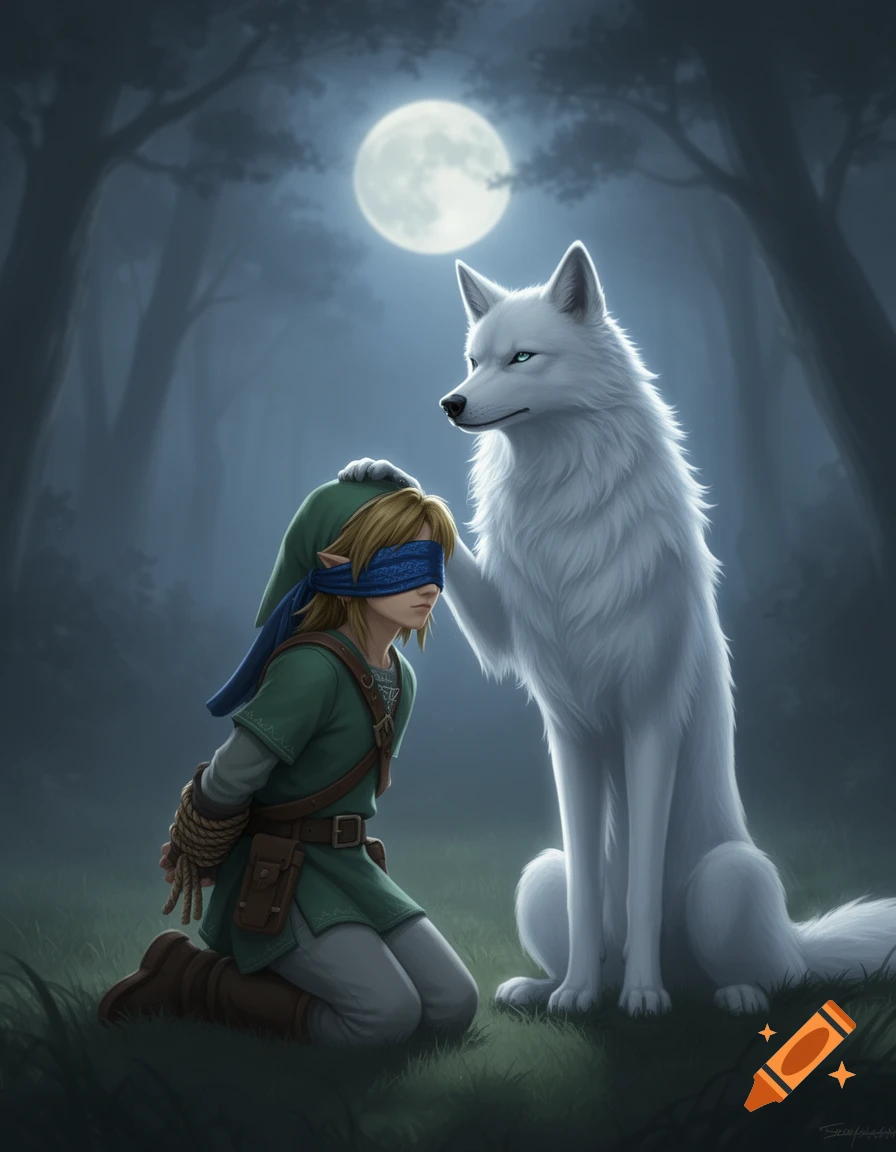 Link, blindfolded and tied, kneels in a dark forest at night as a white wolf gently rests a paw on his head under a full moon.