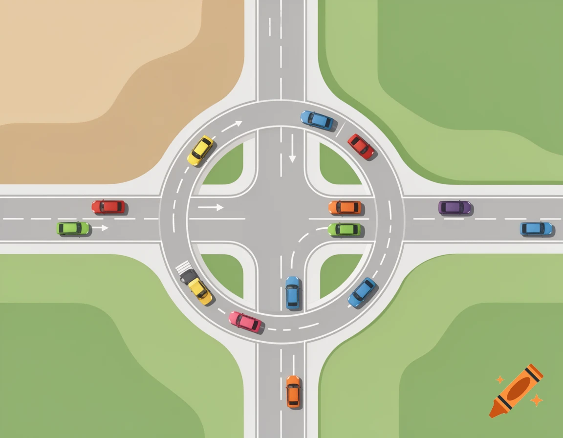 Aerial view of a colorful flat illustration of a road intersection with a jughandle and multiple cars.