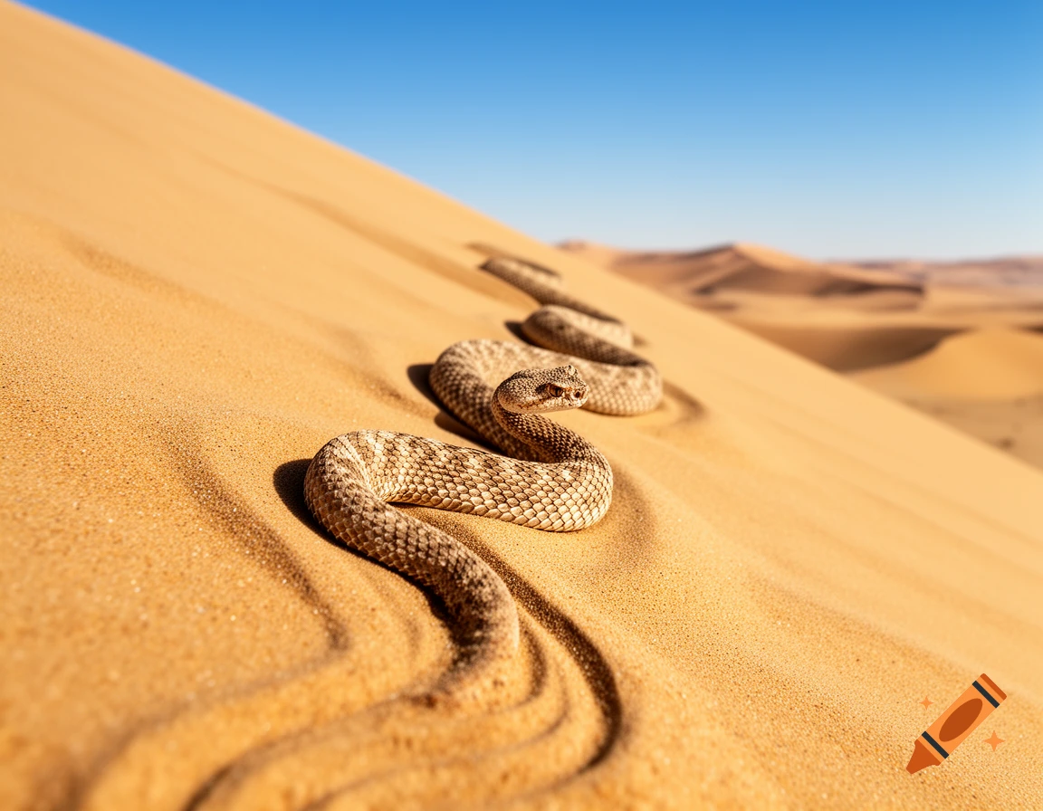 A photorealistic sand viper side-winding down a vast sand dune in a desert under a clear blue sky.