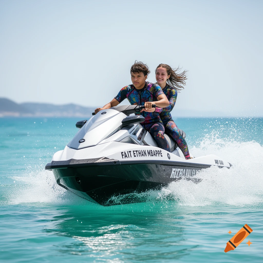 A young boy drives a jet ski with a young girl behind him, both wearing colorful wetsuits, speeding across turquoise ocean water under a clear sky.