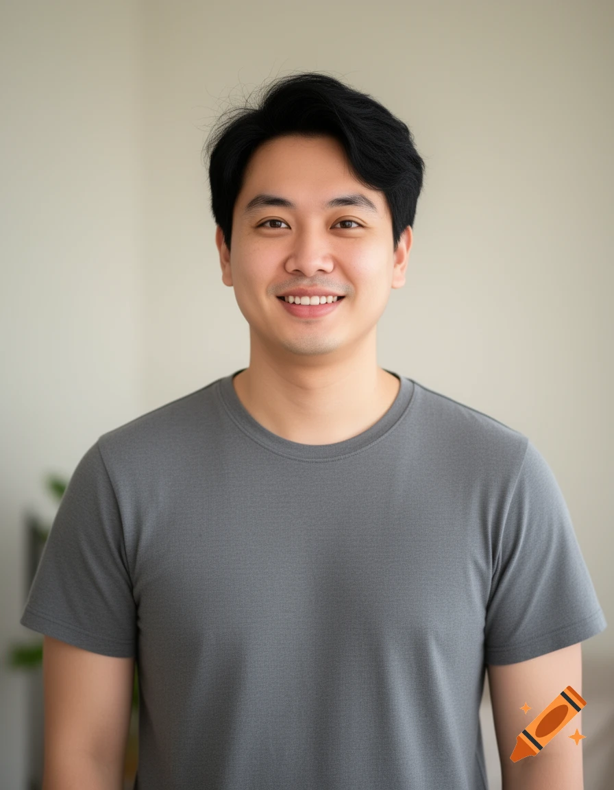 A smiling East Asian man with black hair wearing a gray t-shirt looks directly at the viewer against a plain background.