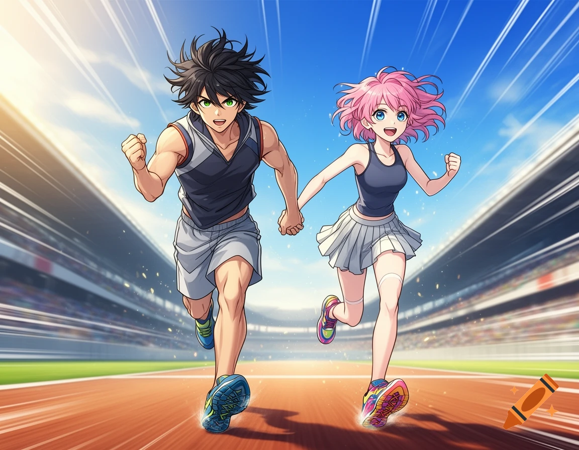 An anime couple, a man with dark hair and a woman with pink hair, holding hands and smiling while running on a track in a sunny stadium.