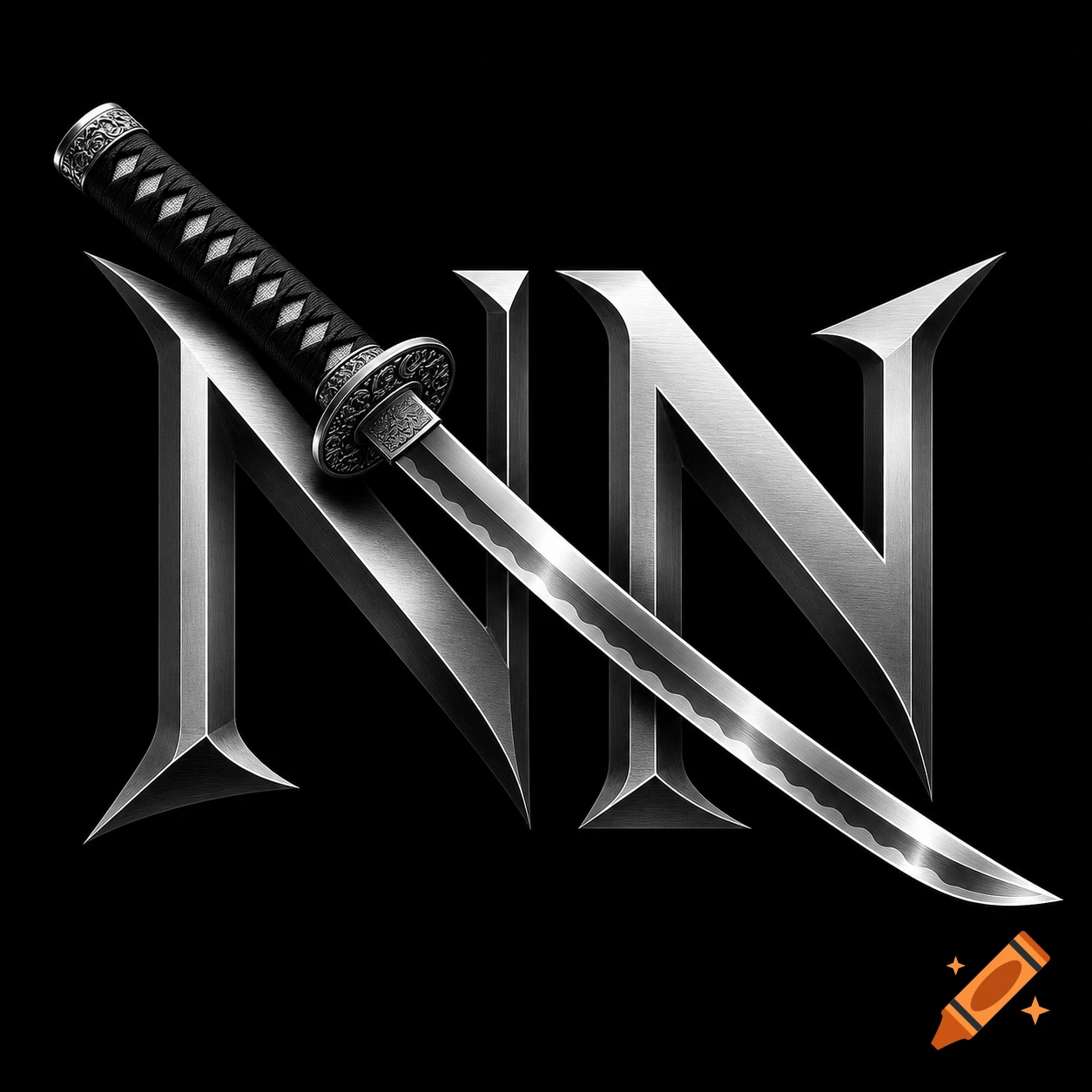A metallic logo featuring two capital letters 'NN' crossed by a detailed samurai sword on a black background.