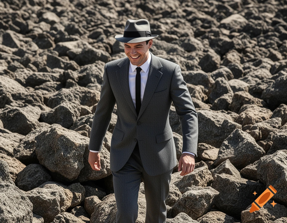 A smiling man in a gray suit and fedora walks through a rocky landscape on a sunny day.