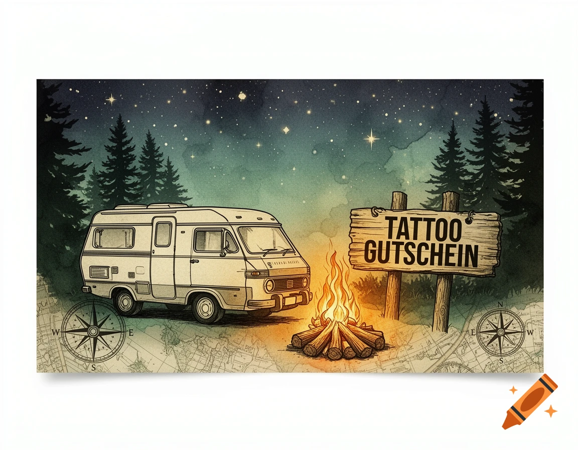 An illustration of a camper van, a campfire, and a "TATTOO GUTSCHEIN" sign in a starry forest, with map details.