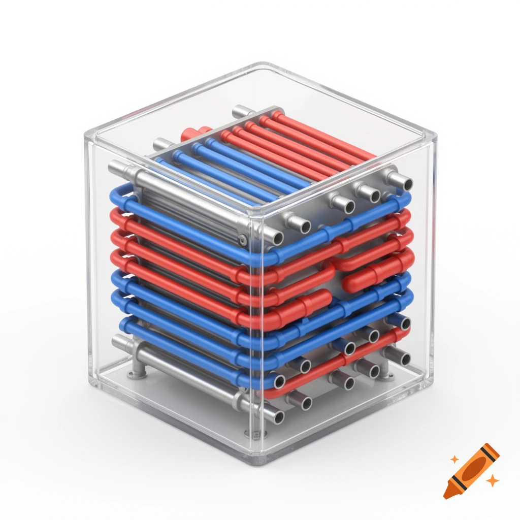 3D technical illustration of a compact square heat exchanger block with alternating red and blue pipe layers inside a transparent cube.