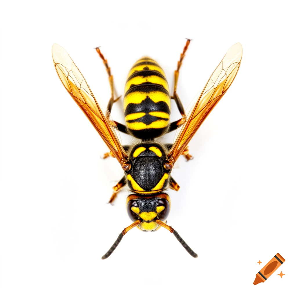 A high-angle shot of a yellow and black wasp with transparent wings on a white background.