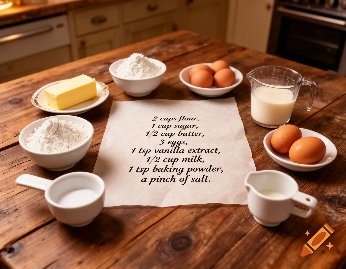 A flat lay of baking ingredients including flour, sugar, butter, eggs, milk, and a recipe card on a wooden table.