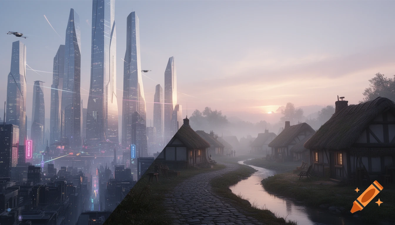 A split image showing a futuristic city with skyscrapers and drones on the left, and a misty, rustic village with thatched cottages on the right at dawn.
