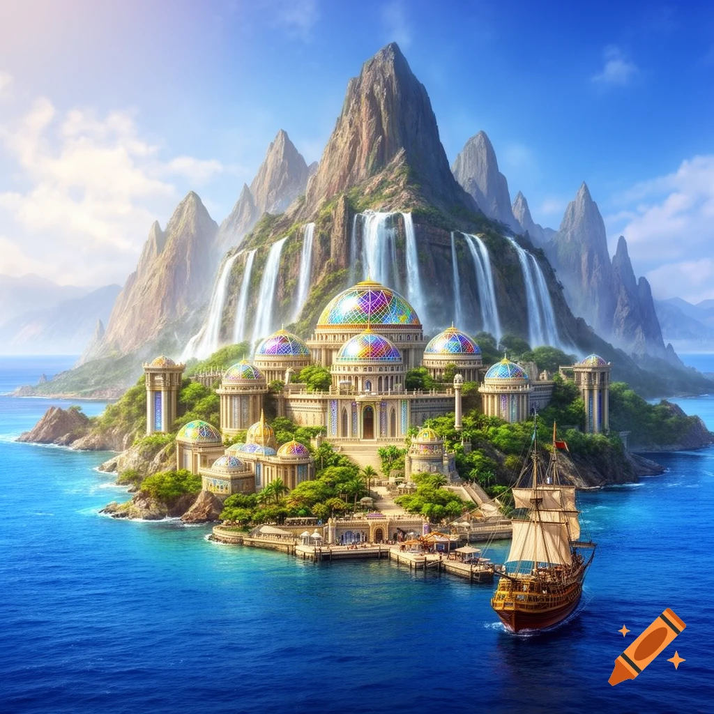A fantasy island with ornate palaces featuring colorful domes, surrounded by mountains with waterfalls, and a wooden ship docked in a vibrant blue sea.