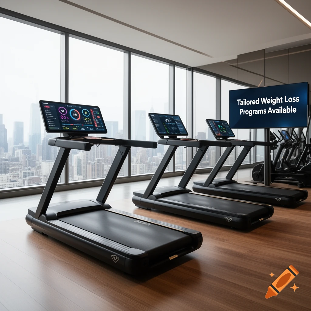 Photorealistic modern gym with three treadmills facing a city view. A wall screen displays 'Tailored Weight Loss Programs Available'.