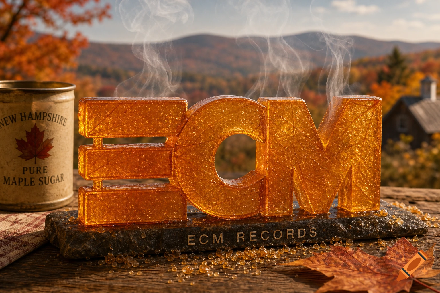 ECM logo made of amber maple sugar candy steaming on a stone base, next to a 'New Hampshire Pure Maple Sugar' can, with an autumn forest in the background.