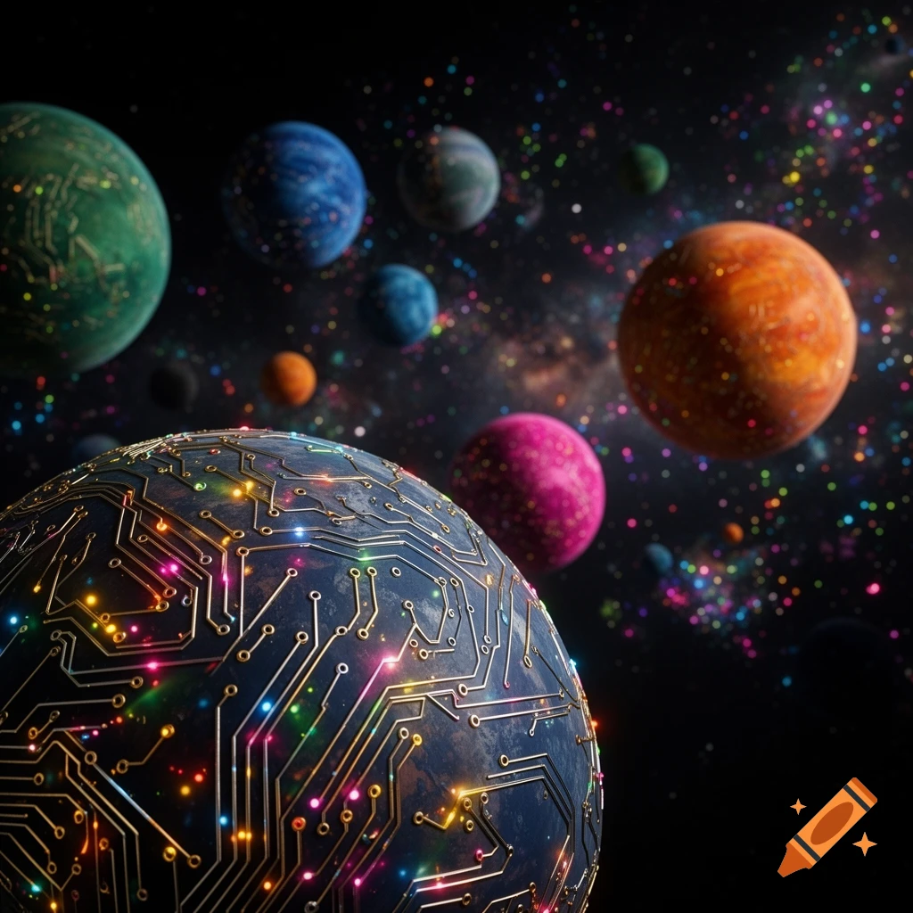 Blue planet covered in glowing circuit board lines, with many colorful planets and bright lights in a vibrant space background.
