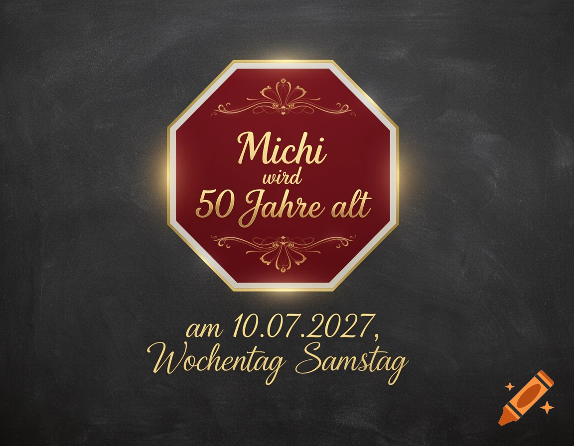 Save the date for Michi's 50th birthday on 10.07.2027, Saturday, in a stop sign shape on a chalkboard background.