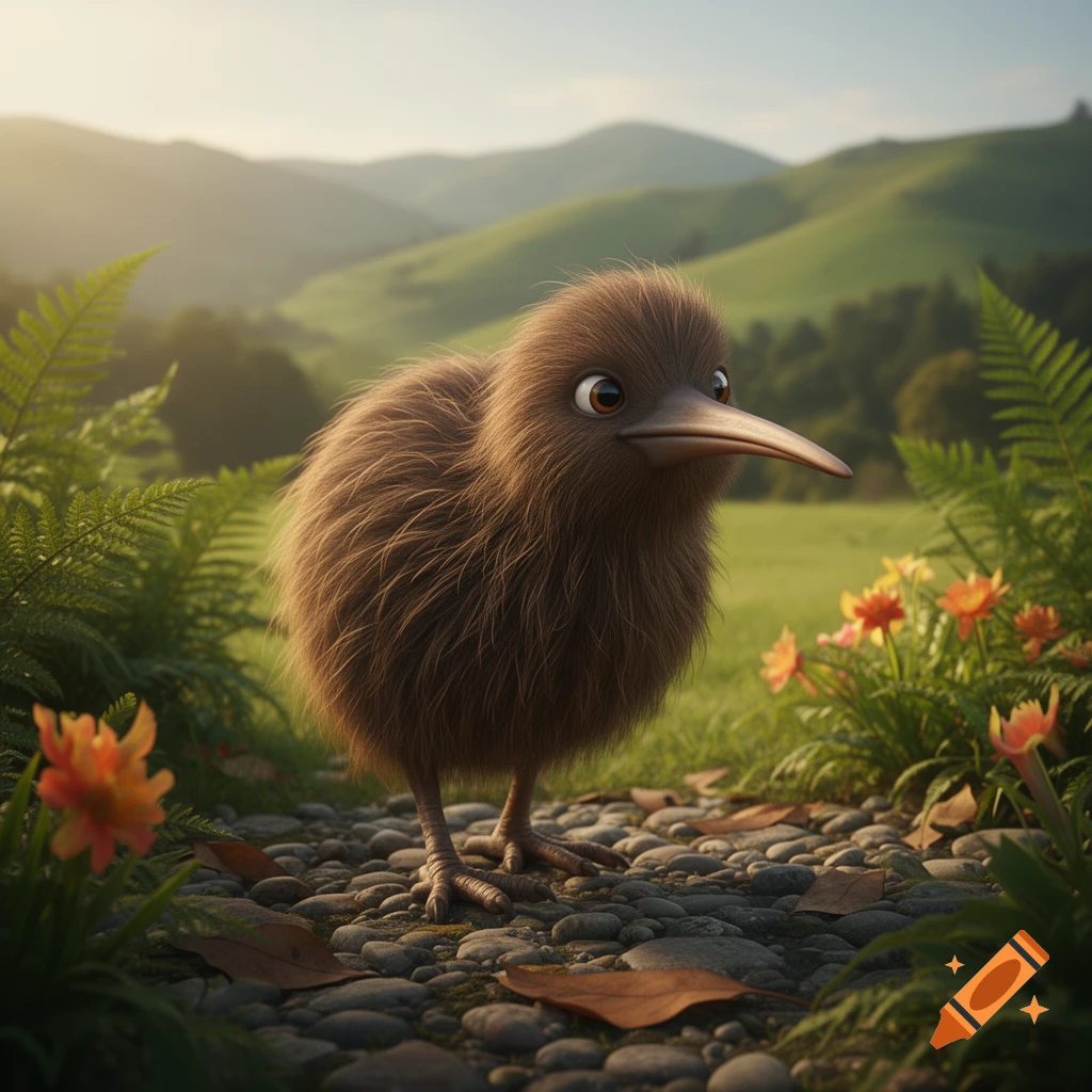 A fluffy, brown cartoon kiwi bird stands on a rocky path with green hills and flowers in a sunlit natural landscape.