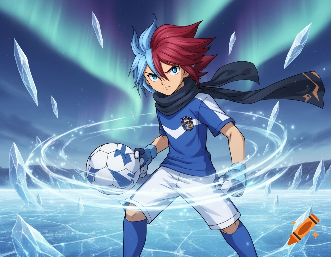 An anime boy with split red and blue hair in a soccer uniform holds a soccer ball amidst glowing ice shards and an aurora borealis on an icy field.